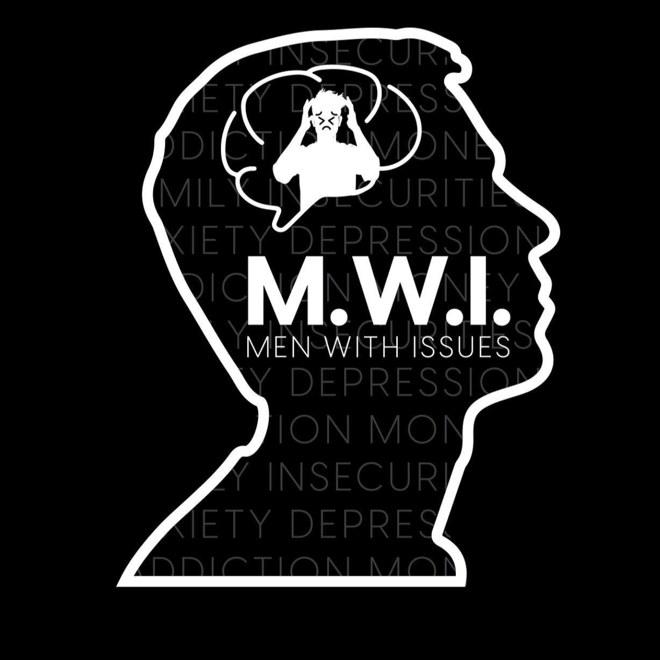 Illustration of a human head in profile with an angry child inside holding their head, surrounded by words related to mental health issues like insecurity, depression, anxiety, and mood disorder. The text 'M.W.I.' and 'Men With Issues' is prominently displayed.