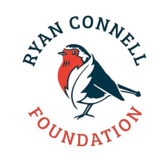 Logo for the Ryan Connell Foundation featuring an illustrated bird with a red face, black and white body, and the foundation's name in arched text around the bird.